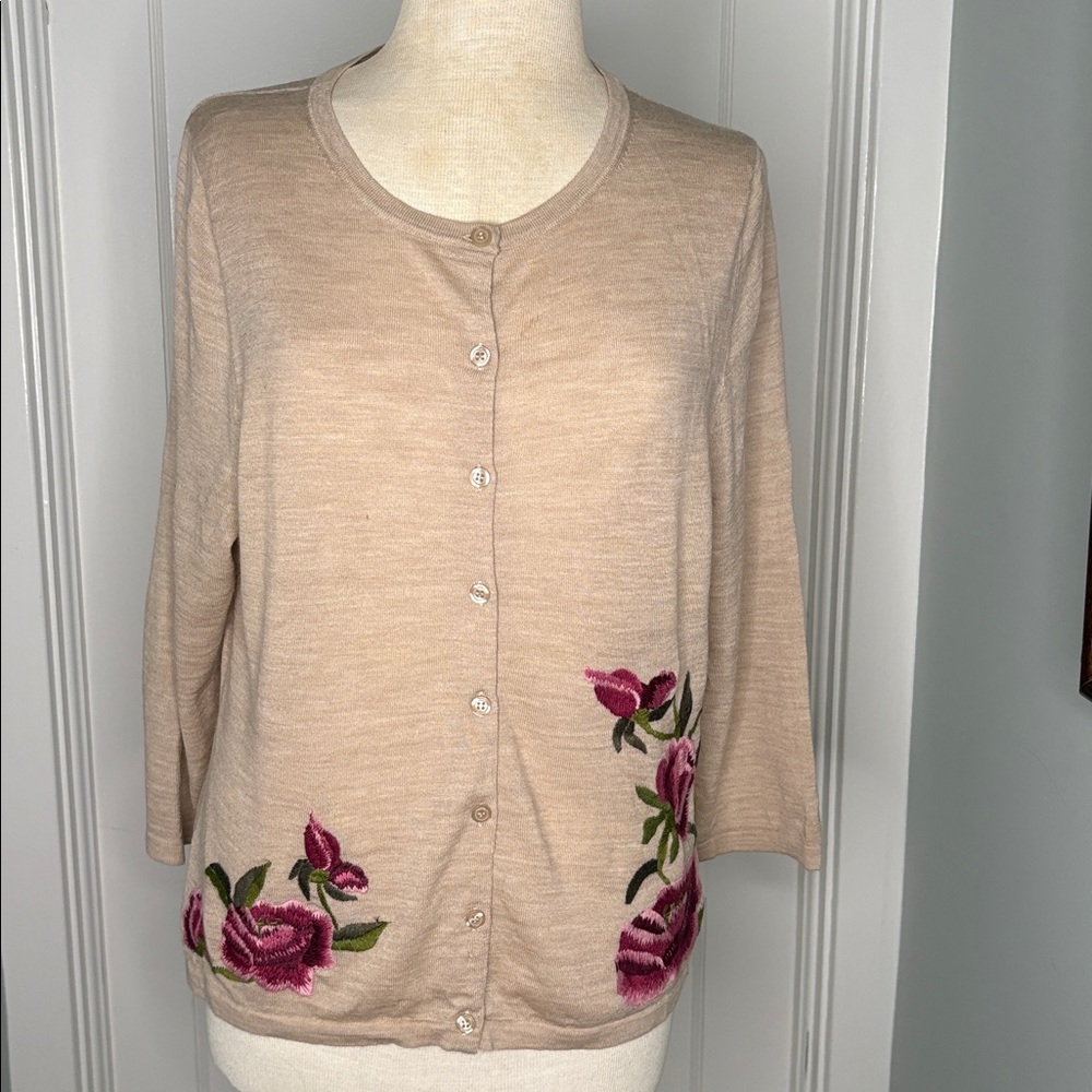 GARNET HILL Eco Merino Embroidered Cardigan Size Large - Flawed